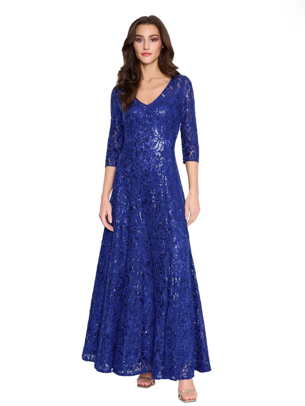Tahari ASL Women's V-Neck Sequined Embroidered Gown.3/4-Sleeve.Blue/US 12. R9B